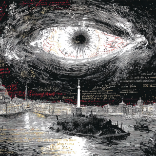 Ralph-Steadmans-crazy-psychedelic-black-white-and-red-drawing-of-St.-Petersburg-at-night.-1183a3205169591514