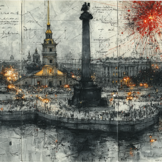 Ralph-Steadmans-crazy-psychedelic-black-white-and-red-drawing-of-St.-Petersburg-at-night.-12a9fcf9365a22cd83