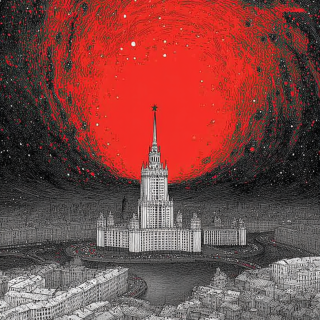 Ralph-Steadmans-crazy-psychedelic-black-white-and-red-drawing-of-St.-Petersburg-at-night.-5827c2a4321cd5f6f