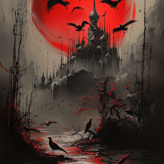 Ralph-Steadmans-crazy-psychedelic-black-white-and-red-drawing-of-St.-Petersburg-at-night.-92ec476584cde1d3e